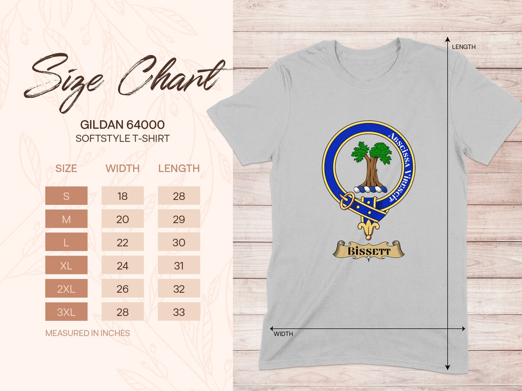 Gildan 64000 size chart for Bissett Scottish clan crest T-shirt