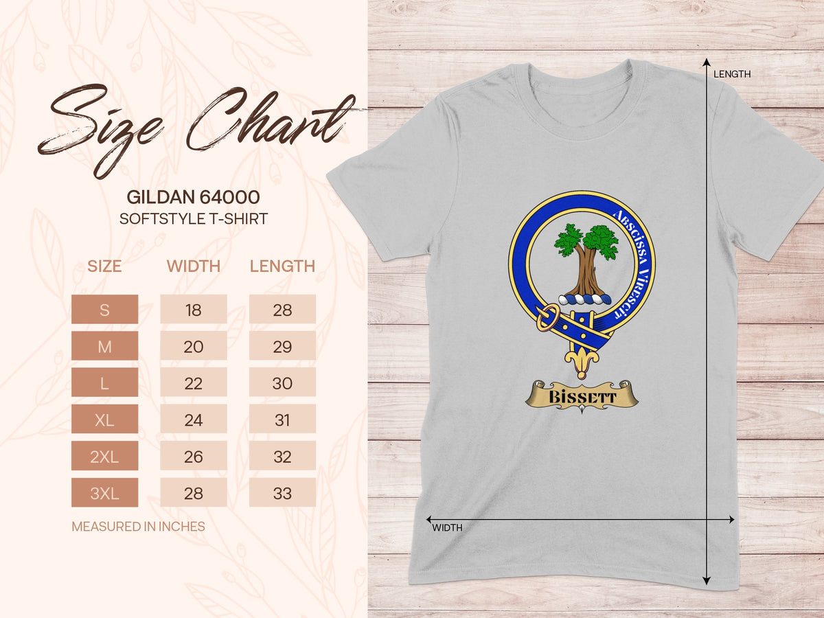 Gildan 64000 size chart for Bissett Scottish clan crest T-shirt