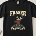 Fraser graphic T-shirt in Black, front flat lay showing varsity lettering and brown stag head with cream antlers.
