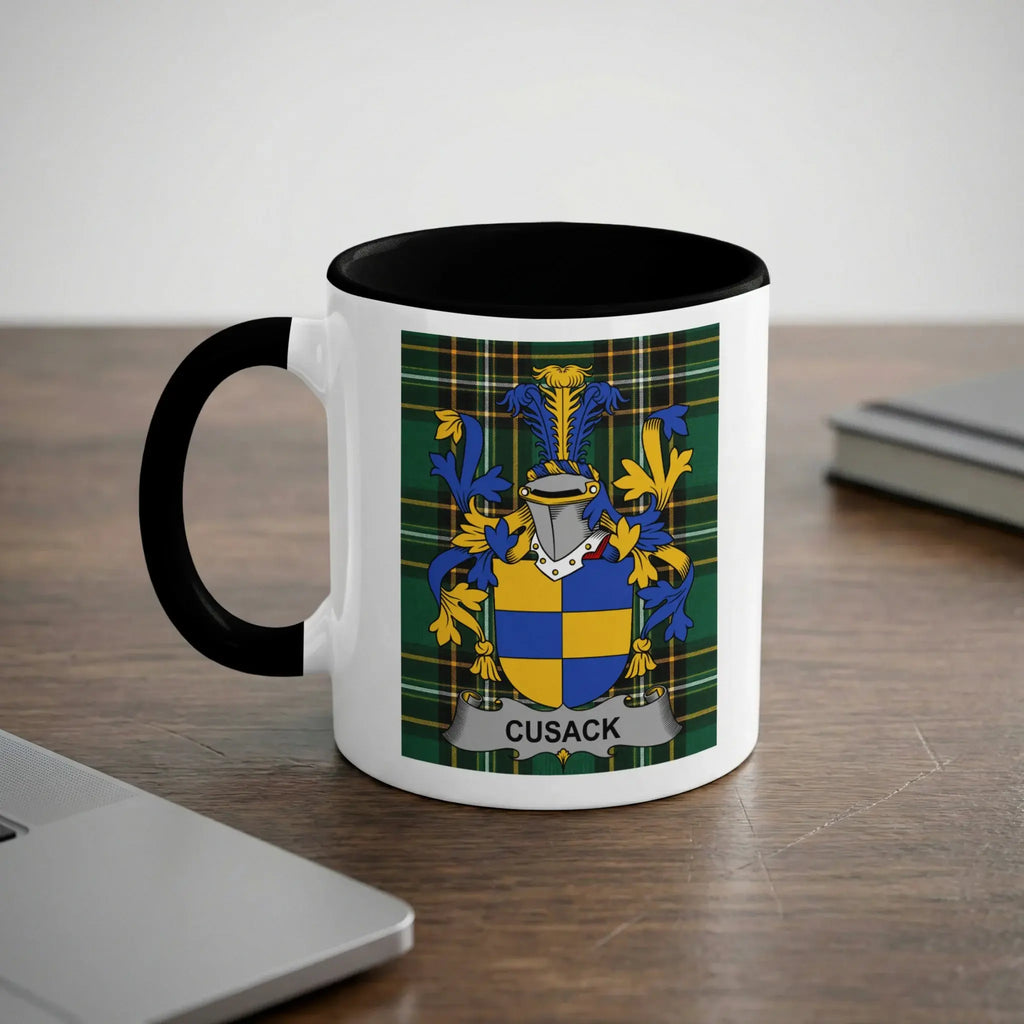White mug with black rim featuring the CUSACK coat of arms.
