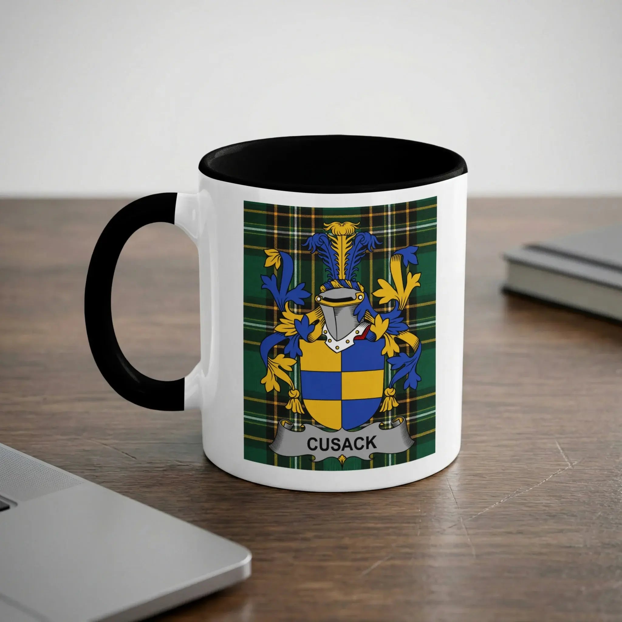 White mug with black rim featuring the CUSACK coat of arms.