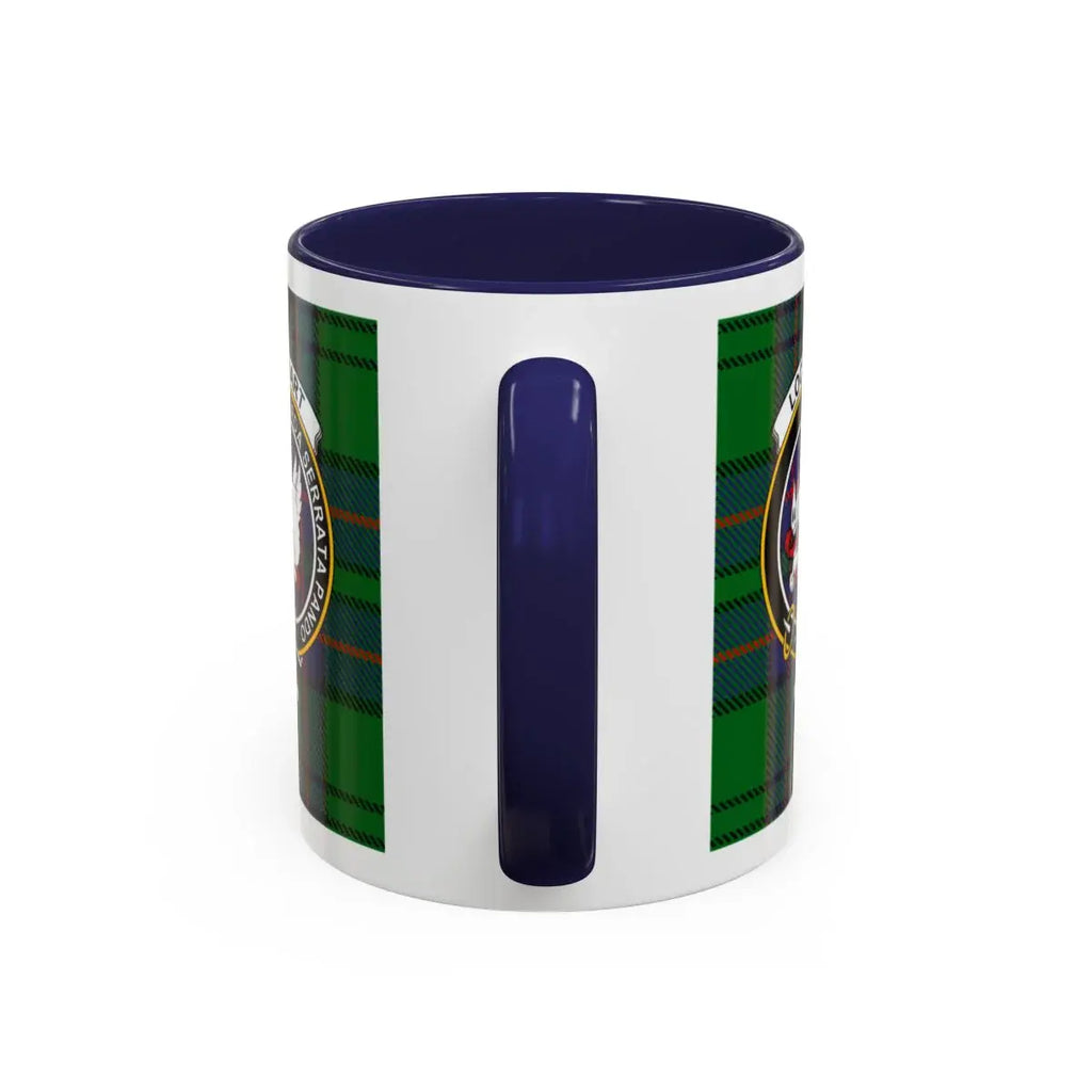 Clan Lockhart crest accent mug — 15 oz red handle, size and colour options shown