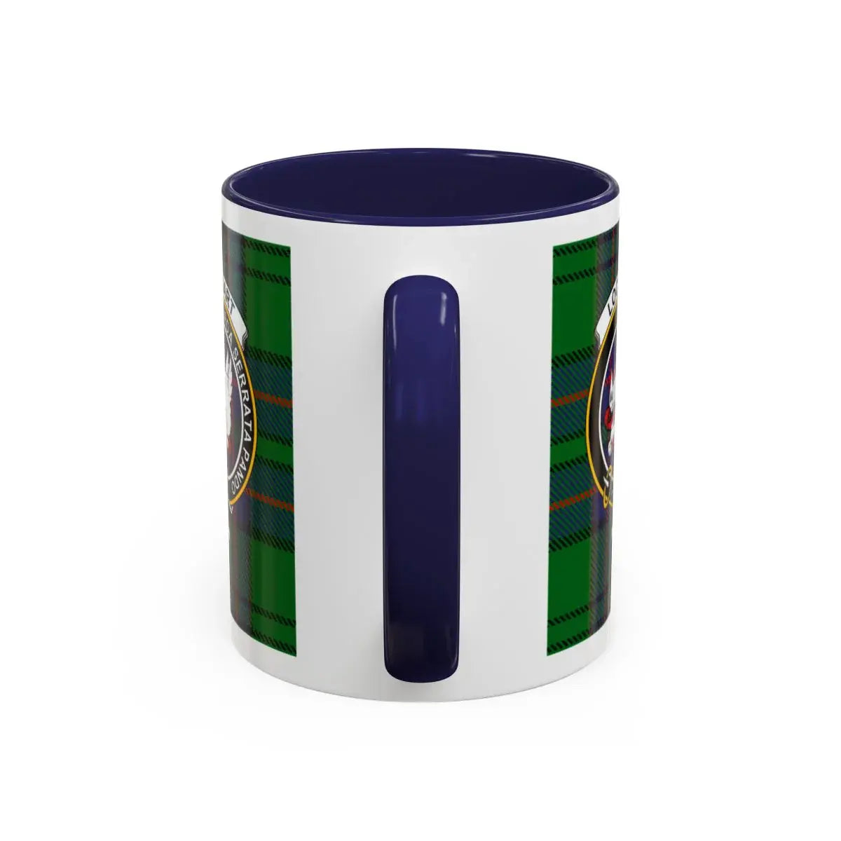 Clan Lockhart crest accent mug — 15 oz red handle, size and colour options shown