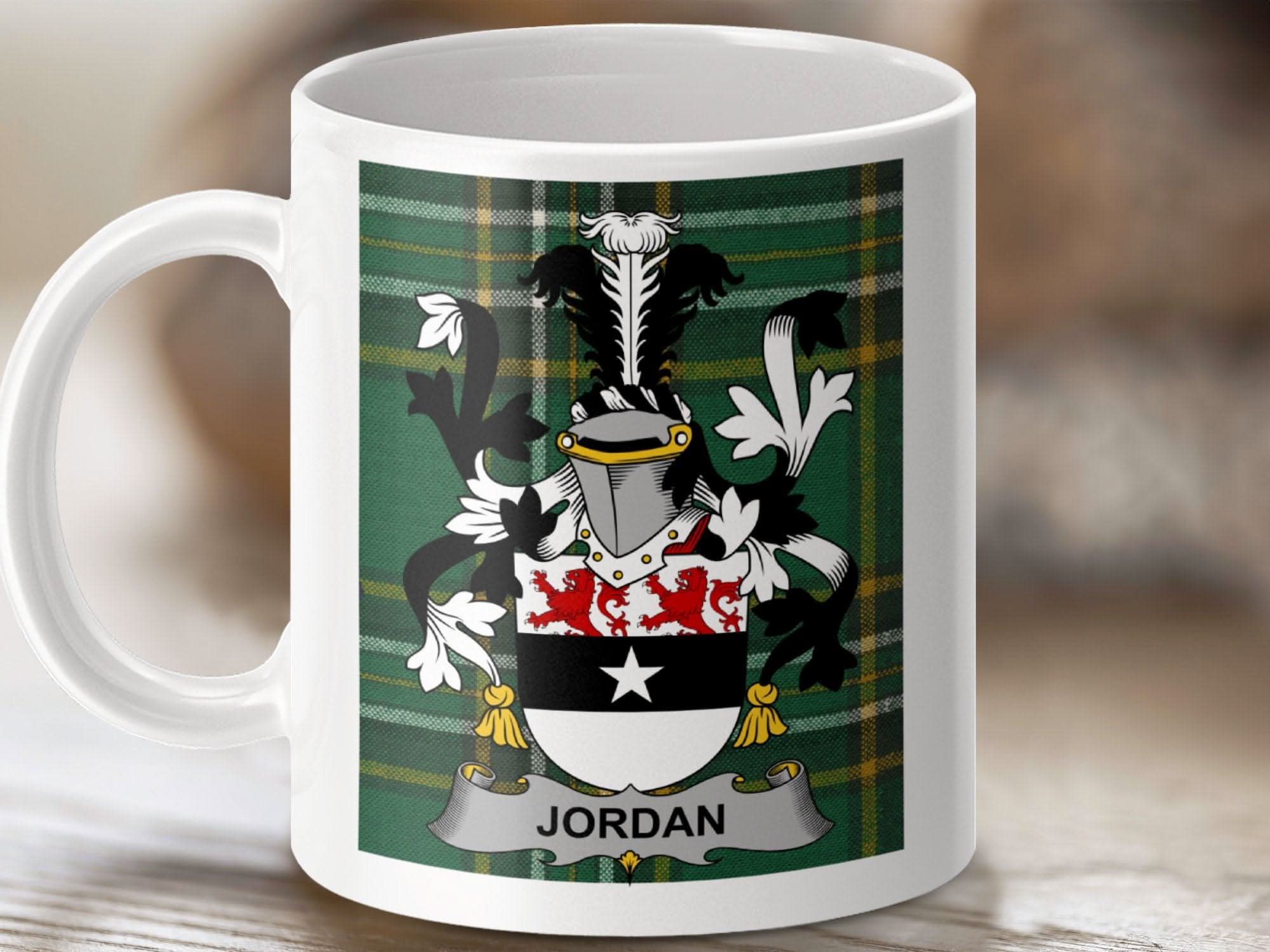 Jordan Surname Family Crest on Irish National Tartan Mug - Celtic Ancestry Gifts