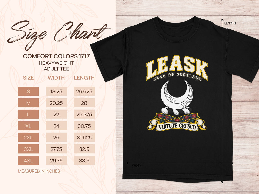 Comfort Colors 1717 size chart for the Leask Scottish clan T-shirt, adult sizes S–4XL.