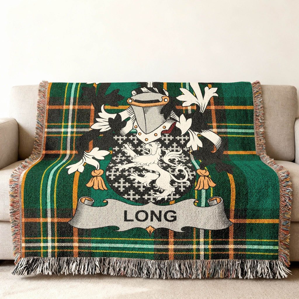 Woven blanket with green tartan and a family crest featuring the name "LONG".