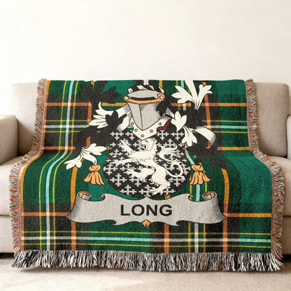 Woven blanket with green tartan and a family crest featuring the name "LONG".