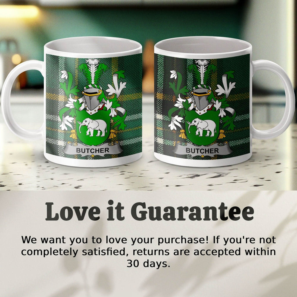 Butcher Surname Family Crest Irish Tartan Mug - Celtic Ancestry Gifts