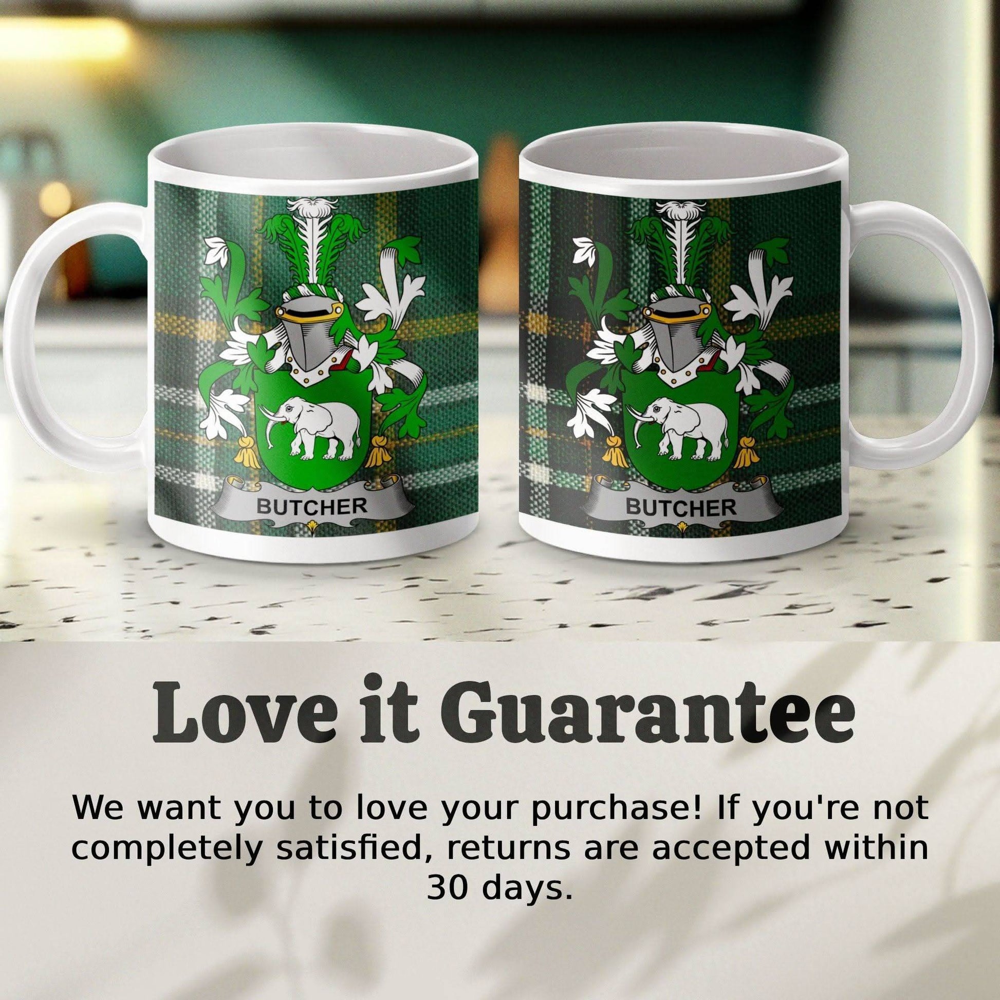 Butcher Surname Family Crest Irish Tartan Mug - Celtic Ancestry Gifts