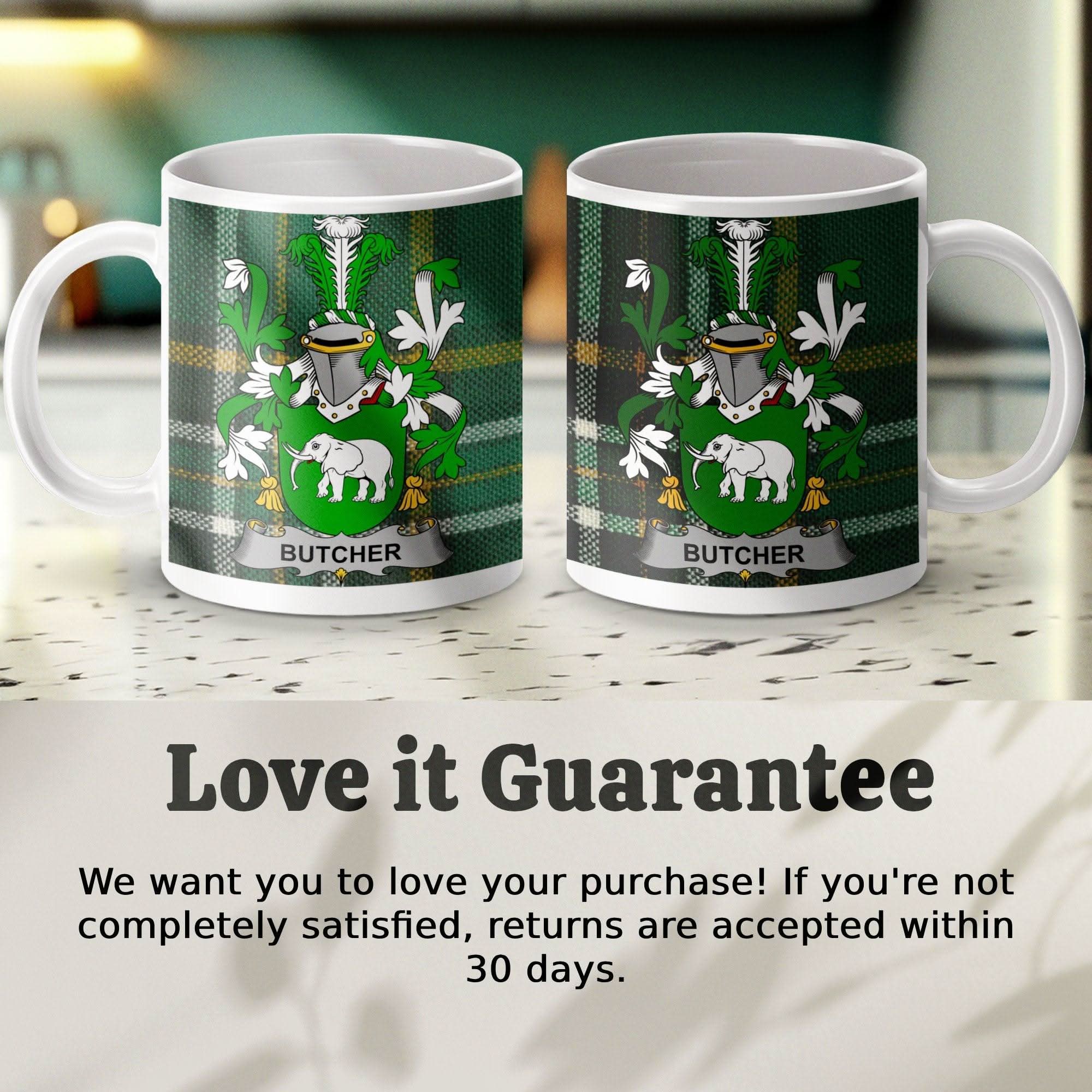 Butcher Surname Family Crest Irish Tartan Mug - Celtic Ancestry Gifts