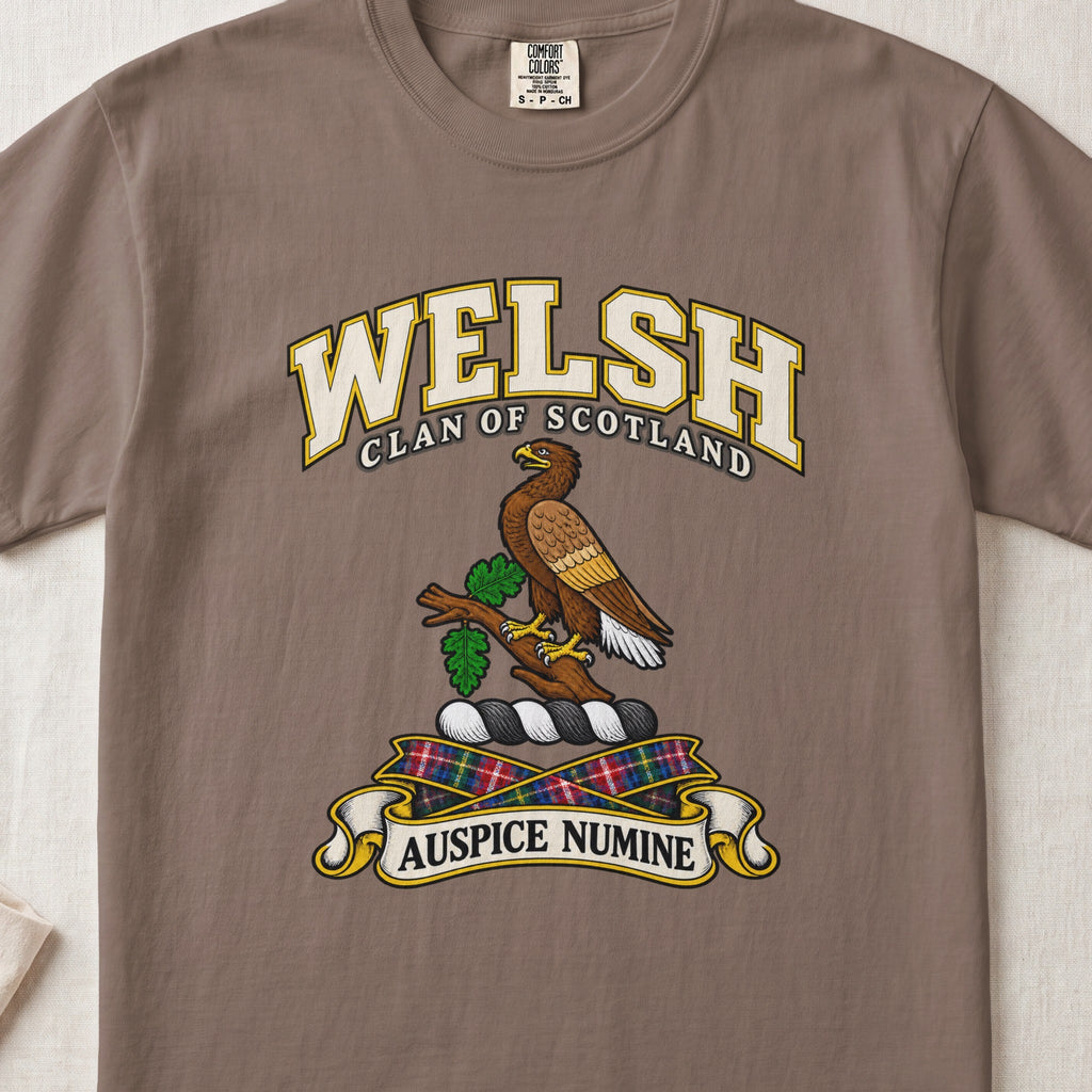 Welsh Scottish clan T-shirt in Espresso, front view with a brown eagle perched on a leafy branch and motto banner.