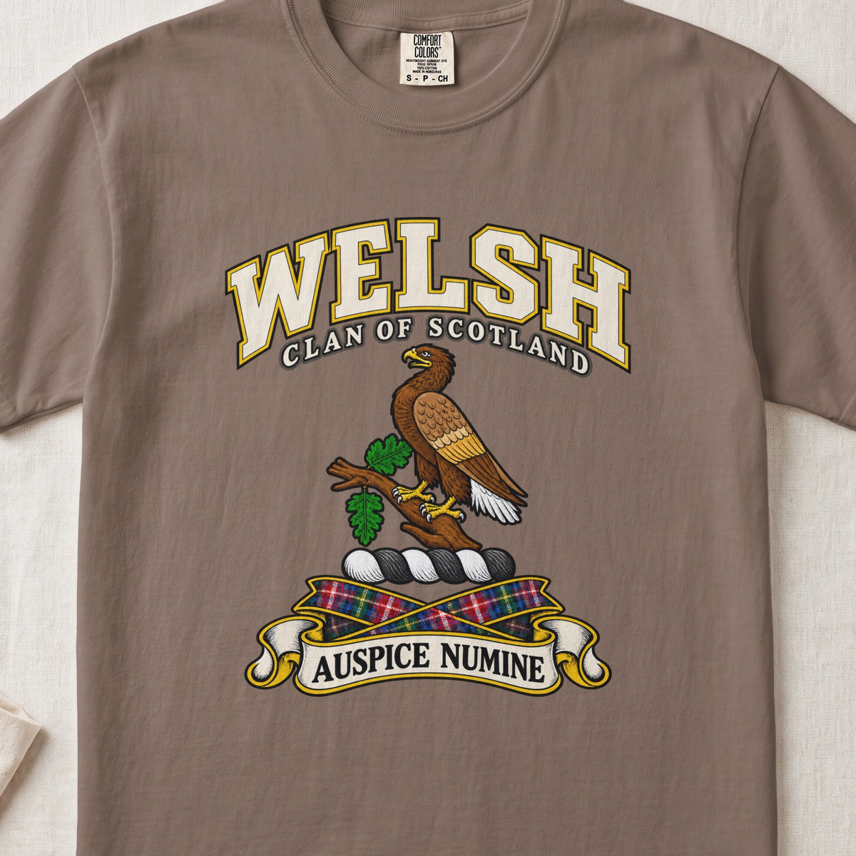 Welsh Scottish clan T-shirt in Espresso, front view with a brown eagle perched on a leafy branch and motto banner.