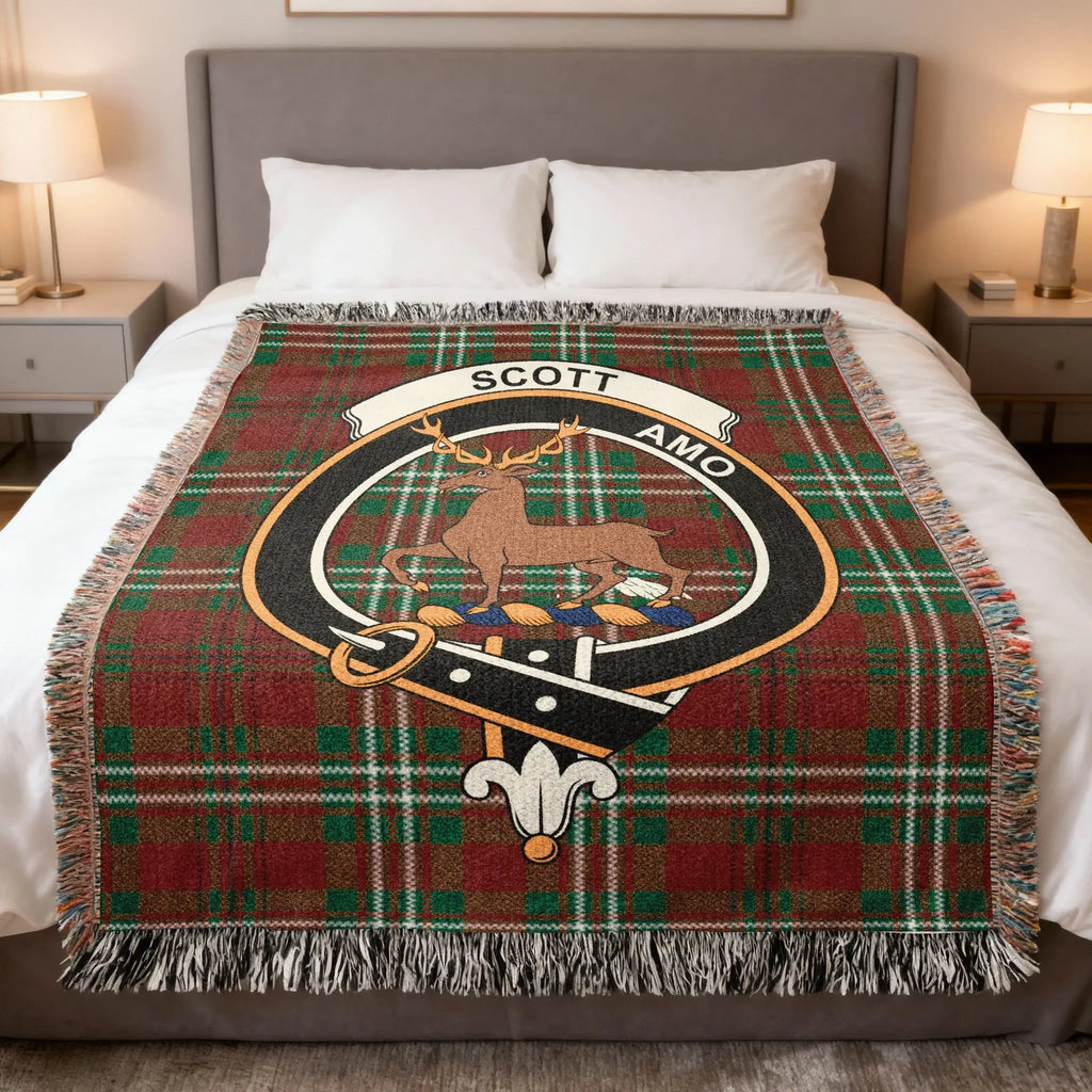 Clan Scott tartan woven blanket — 100% cotton with deer crest and plaid detail