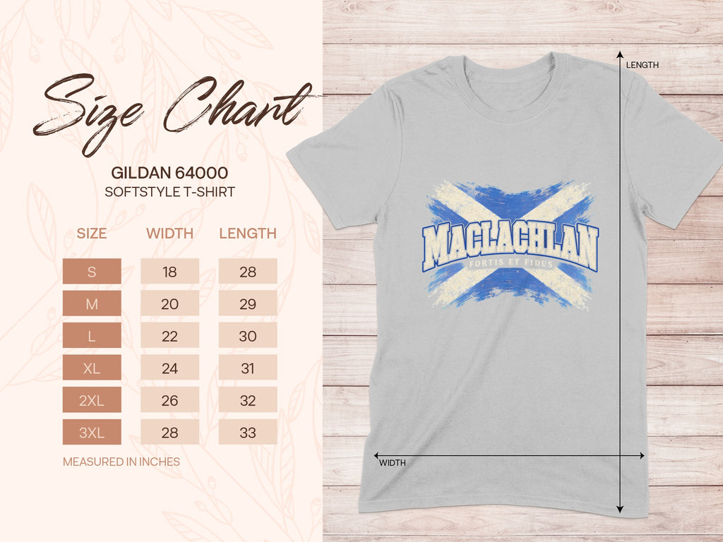 Gildan Softstyle 64000 size chart for the MacLachlan Saltire T-shirt, showing shirt width and length in inches.