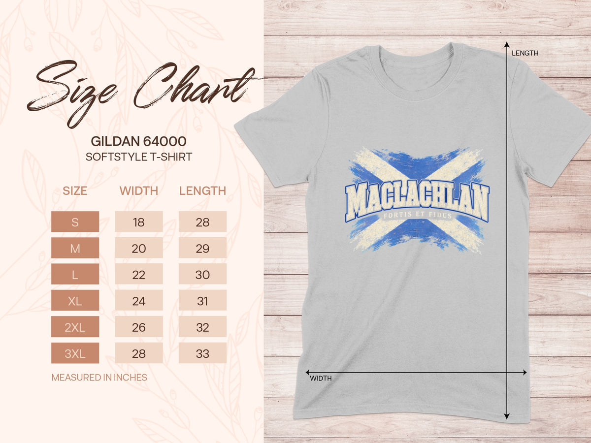 Gildan Softstyle 64000 size chart for the MacLachlan Saltire T-shirt, showing shirt width and length in inches.