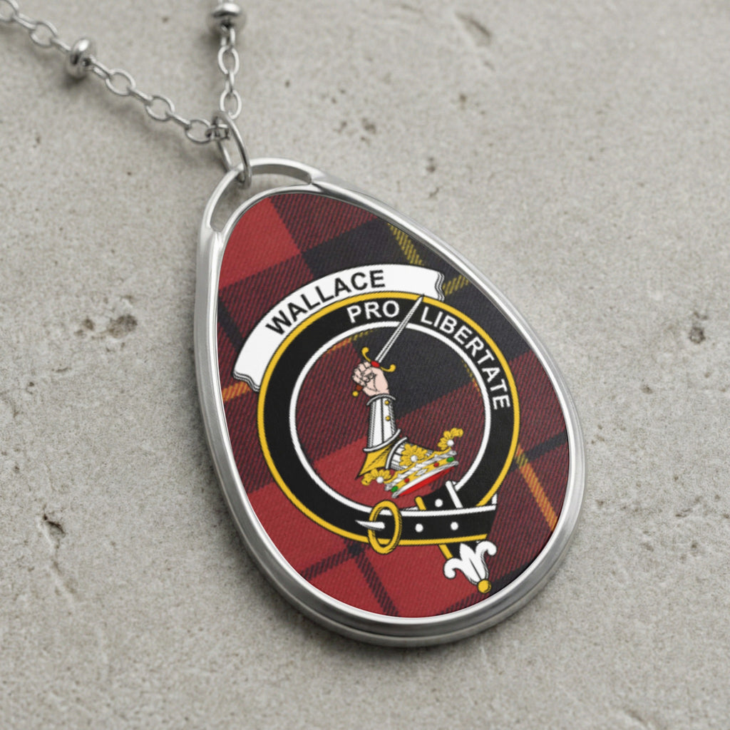 Oval pendant necklace with Wallace tartan, crest, and Latin motto "Pro Libertate".