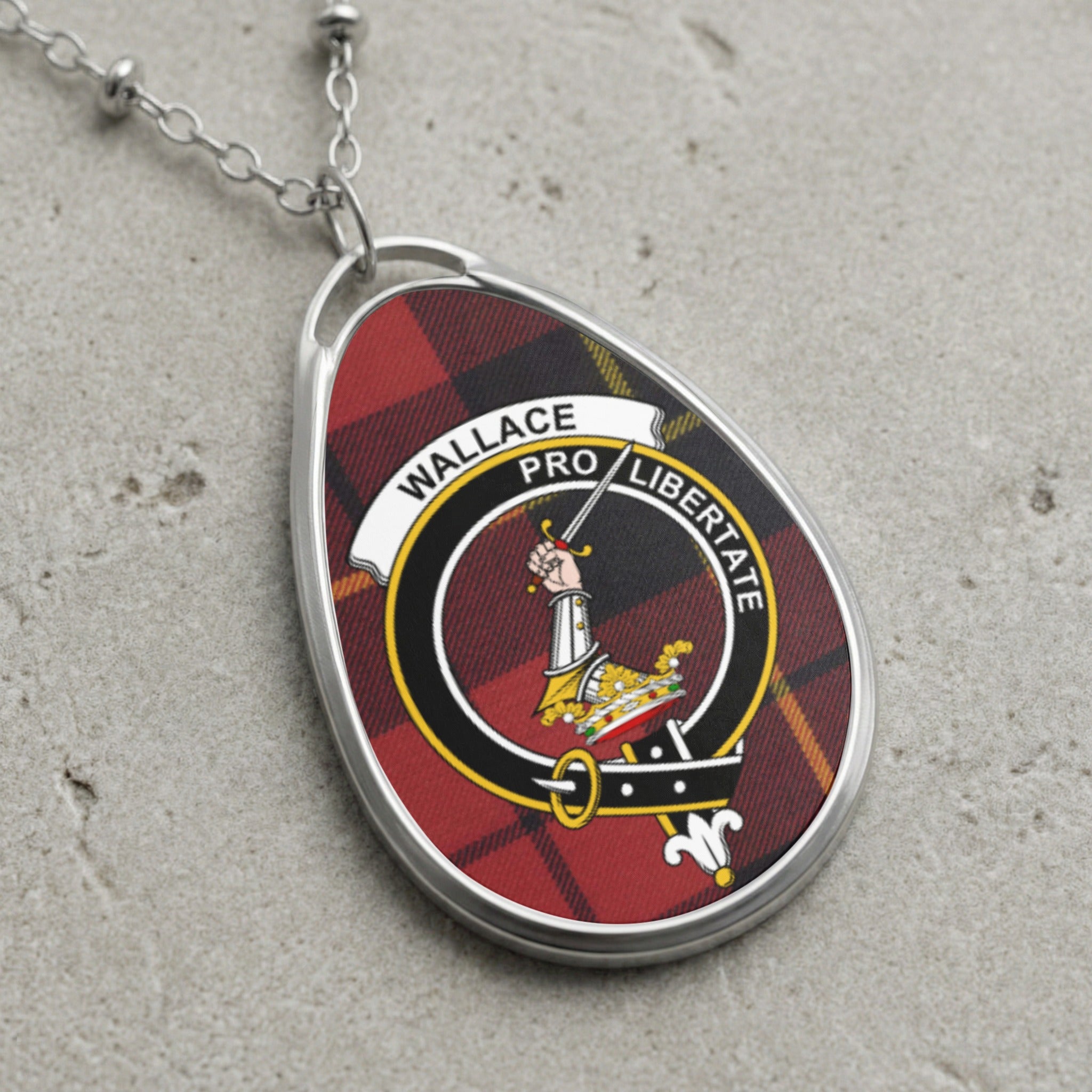 Oval pendant necklace with Wallace tartan, crest, and Latin motto "Pro Libertate".