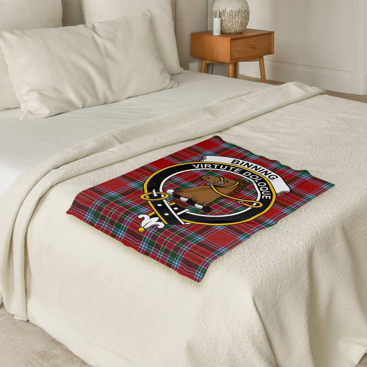 Binning Virtute Doloque Scottish Tartan Crest Throw Blanket - Living Stone Gifts