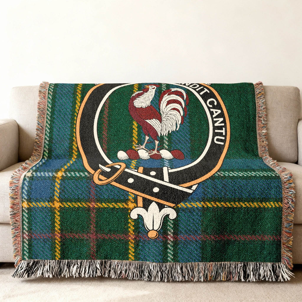 Cockburn clan rooster crest tartan woven blanket — fringe edge detail, three sizes
