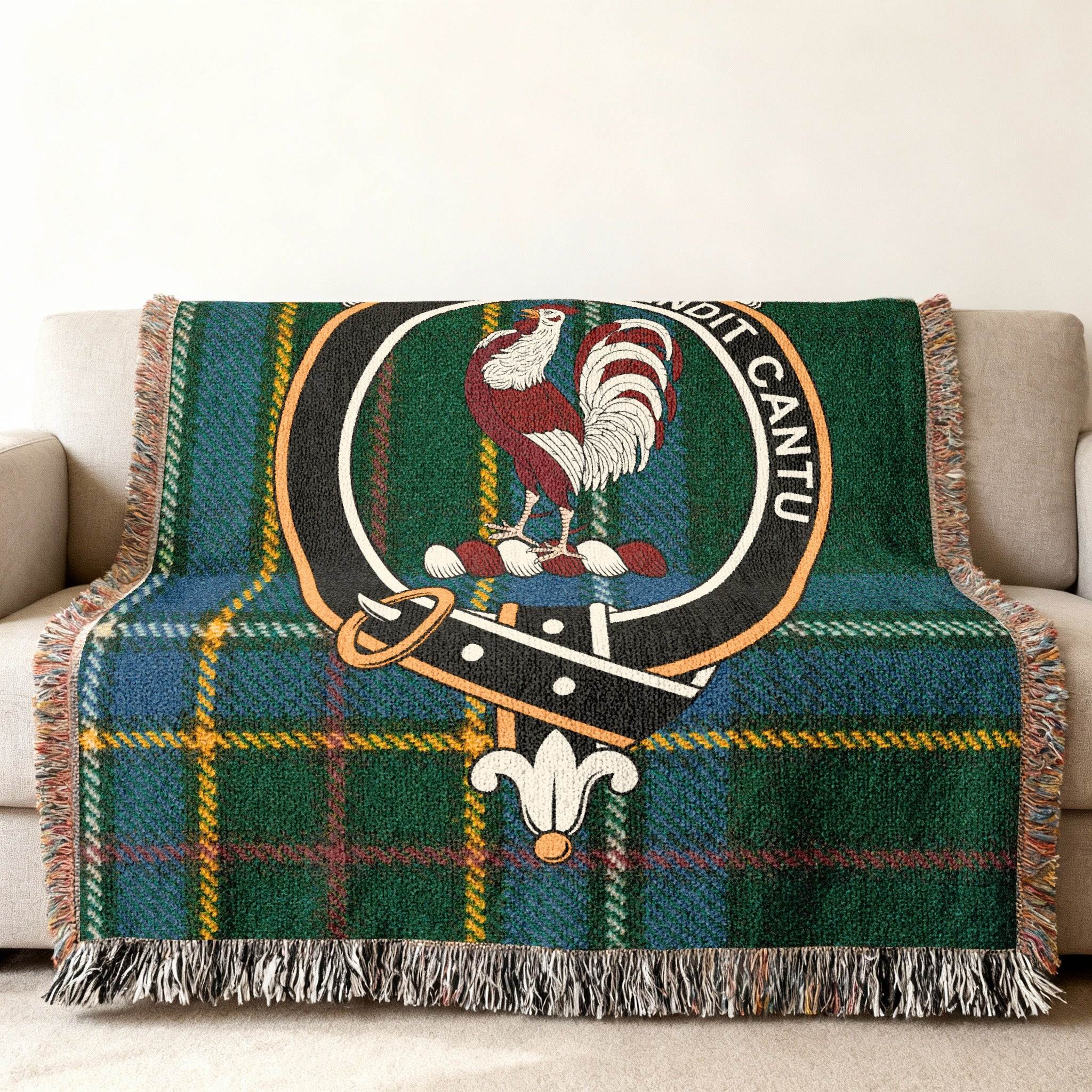 Cockburn clan rooster crest tartan woven blanket — fringe edge detail, three sizes