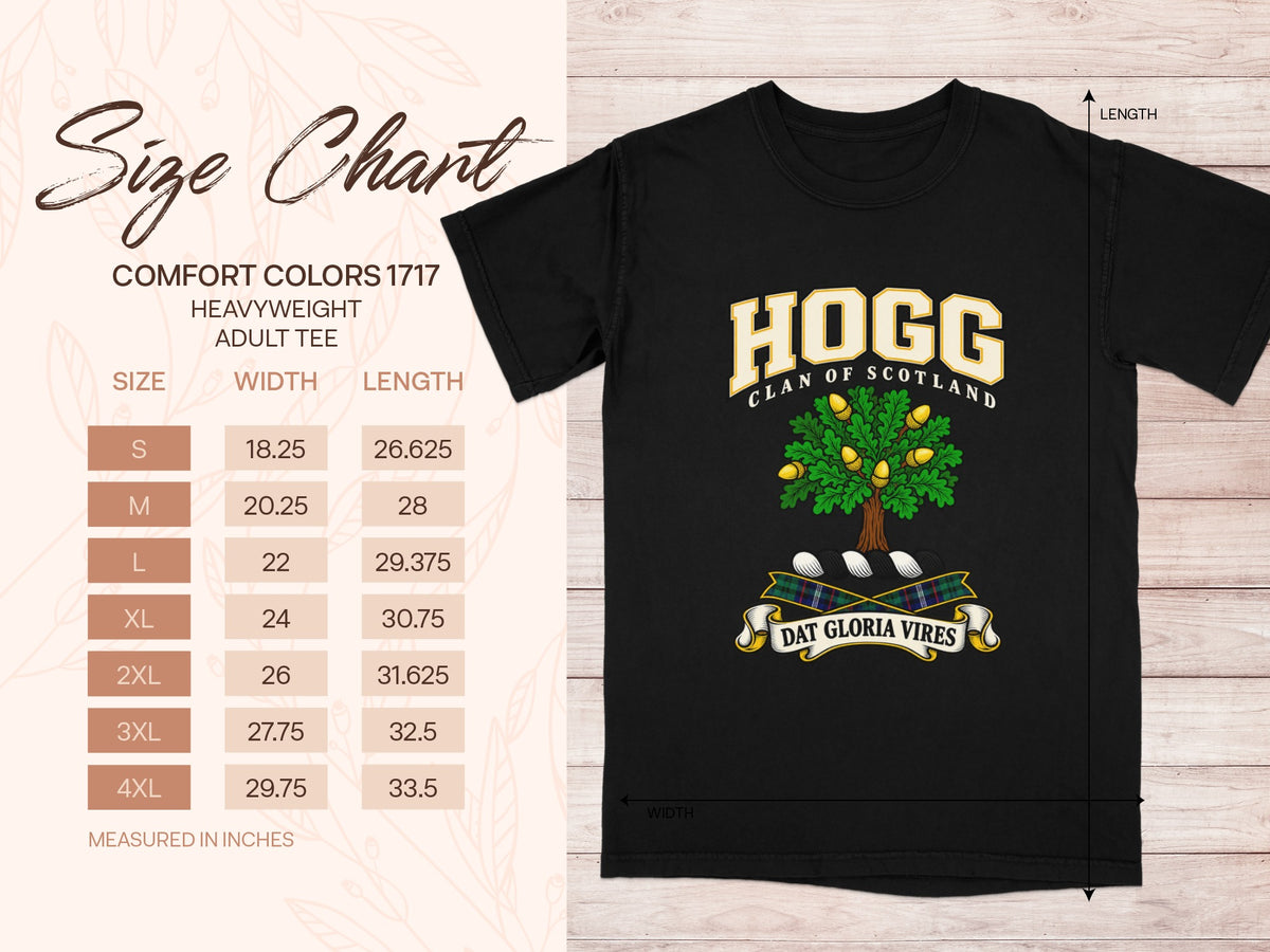Comfort Colors 1717 size chart in inches with a black Hogg clan crest T-shirt preview