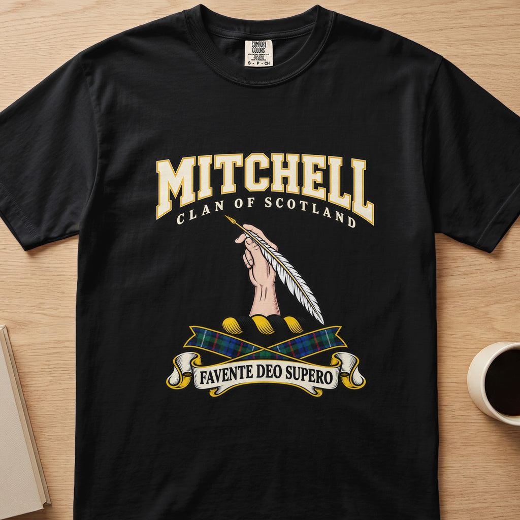 Mitchell clan T-shirt in black, front view with hand holding long pale feathers