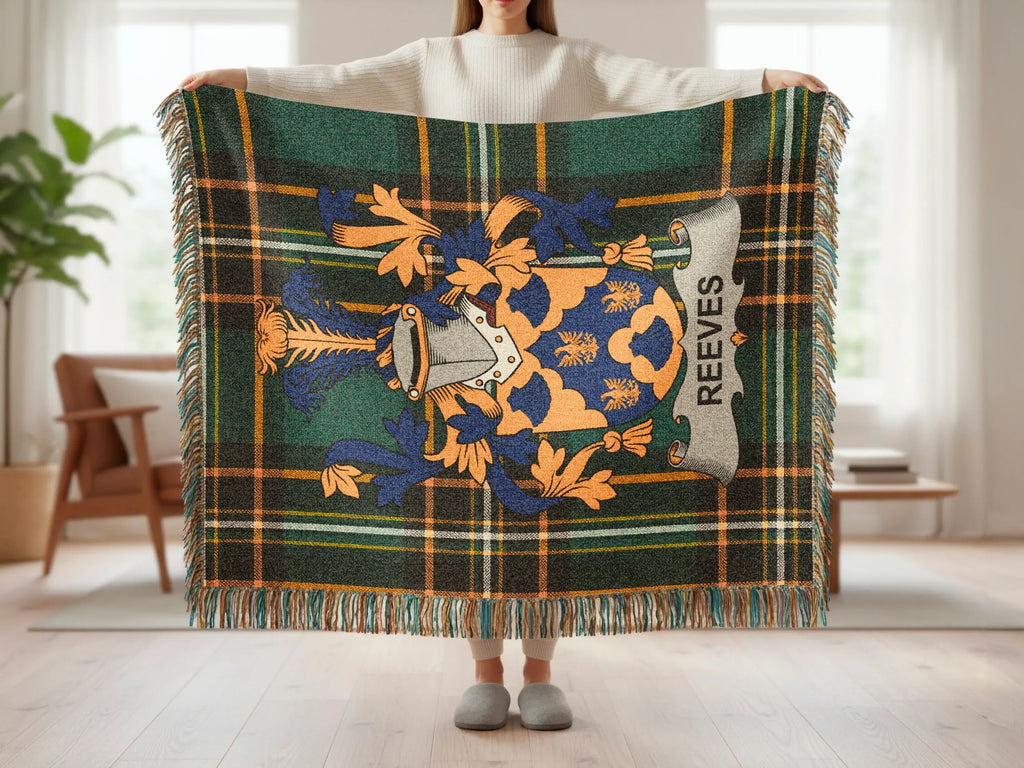 Reeves tartan blanket with blue and gold crest.