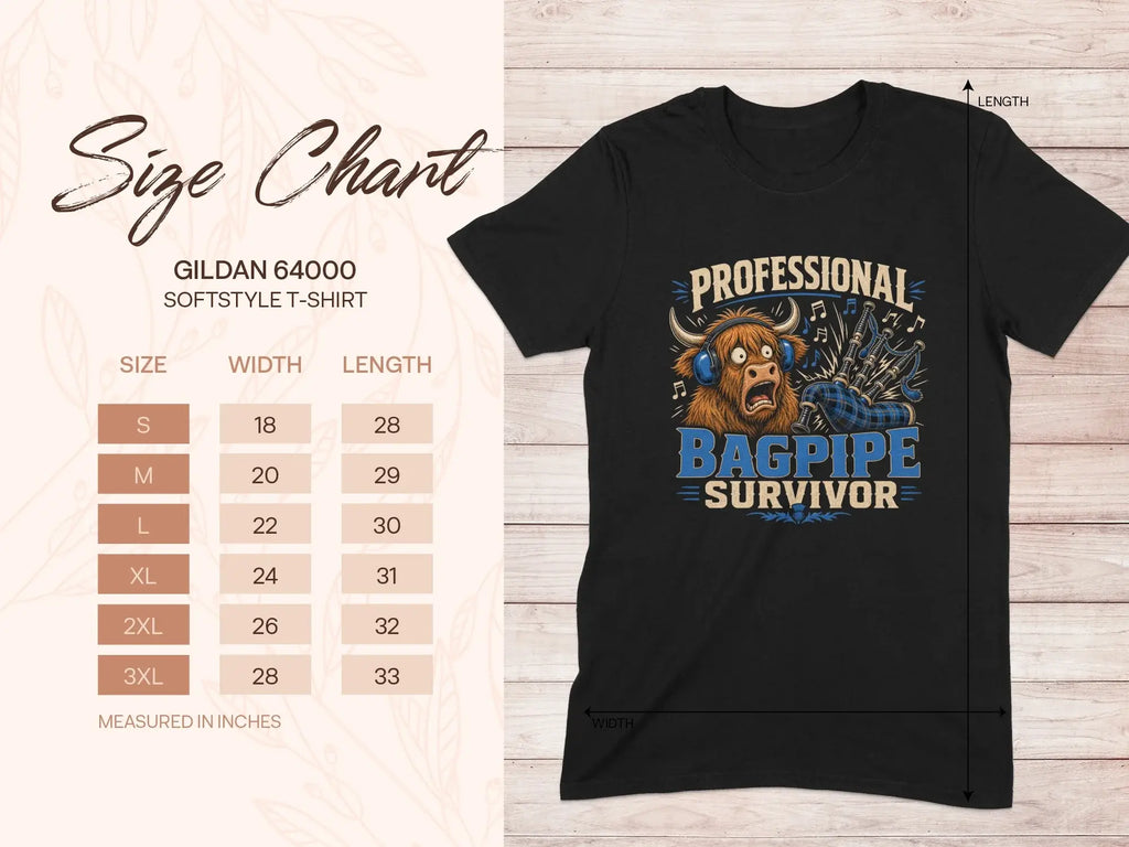 Gildan 64000 t-shirt size chart with "Professional Bagpipe Survivor" graphic.