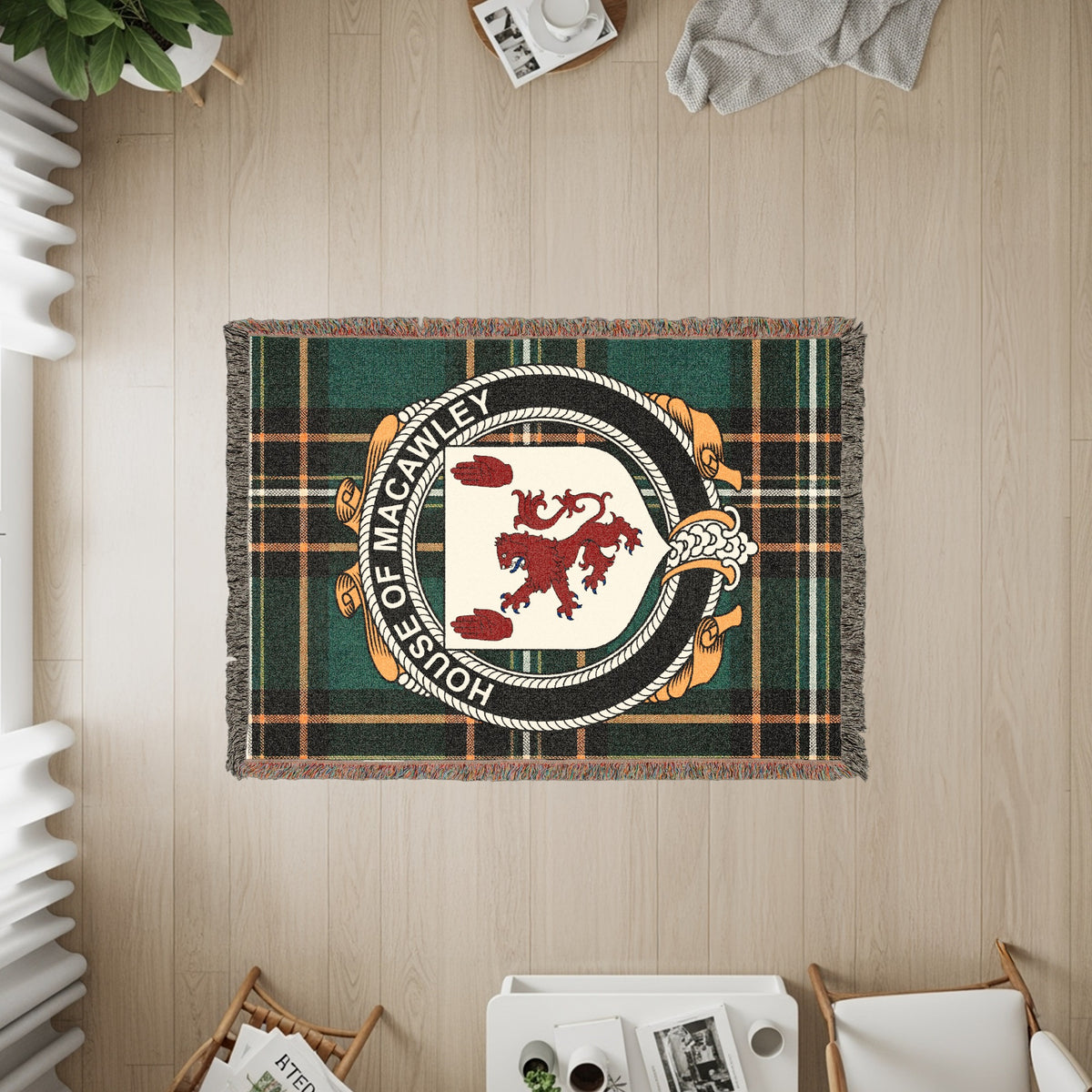 Macawley Irish heritage woven throw with family crest emblem