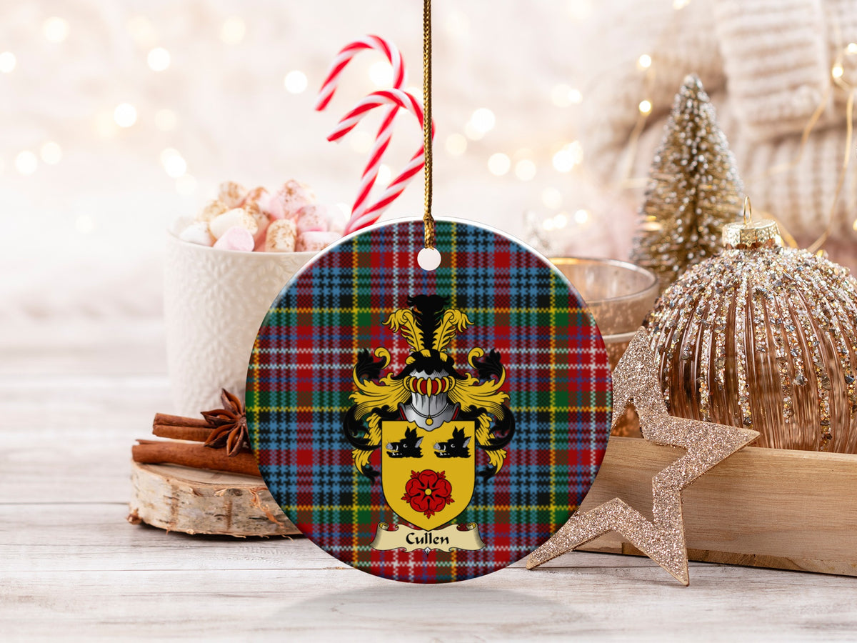 Double-sided Cullen ceramic ornament with family shield and Caledonia tartan background