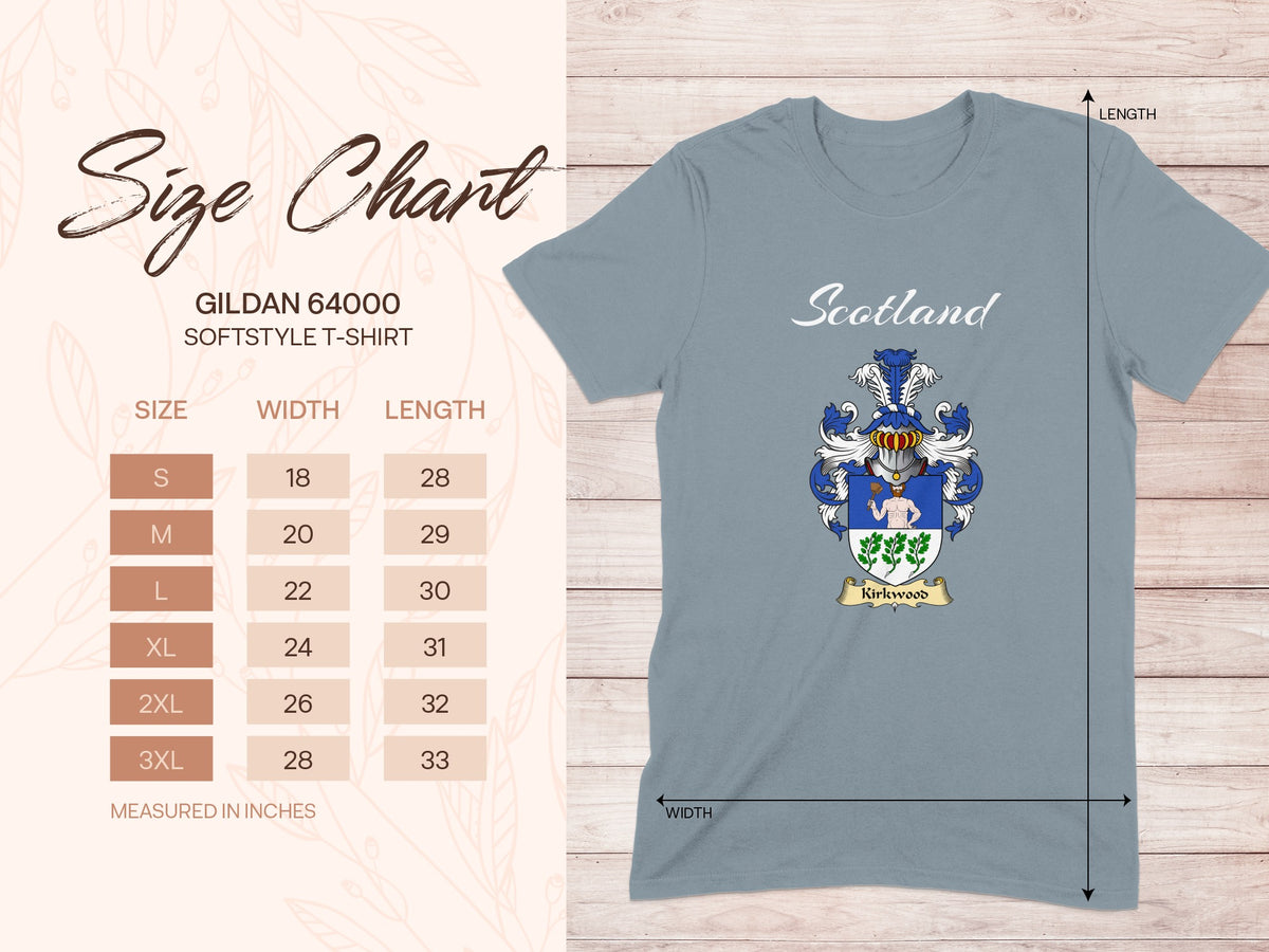 Gildan 64000 size chart for Kirkwood Scottish family shield T-shirt