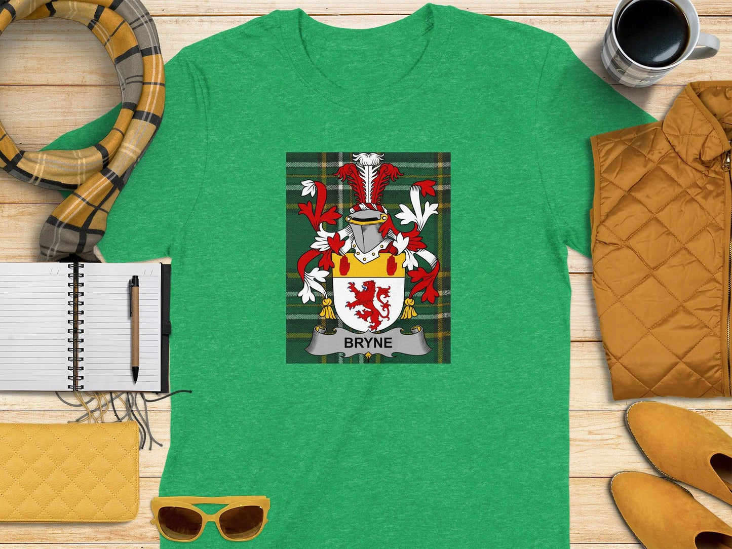 Bryne Family Crest on Irish Tartan Background T-Shirt - Celtic Ancestry Gifts