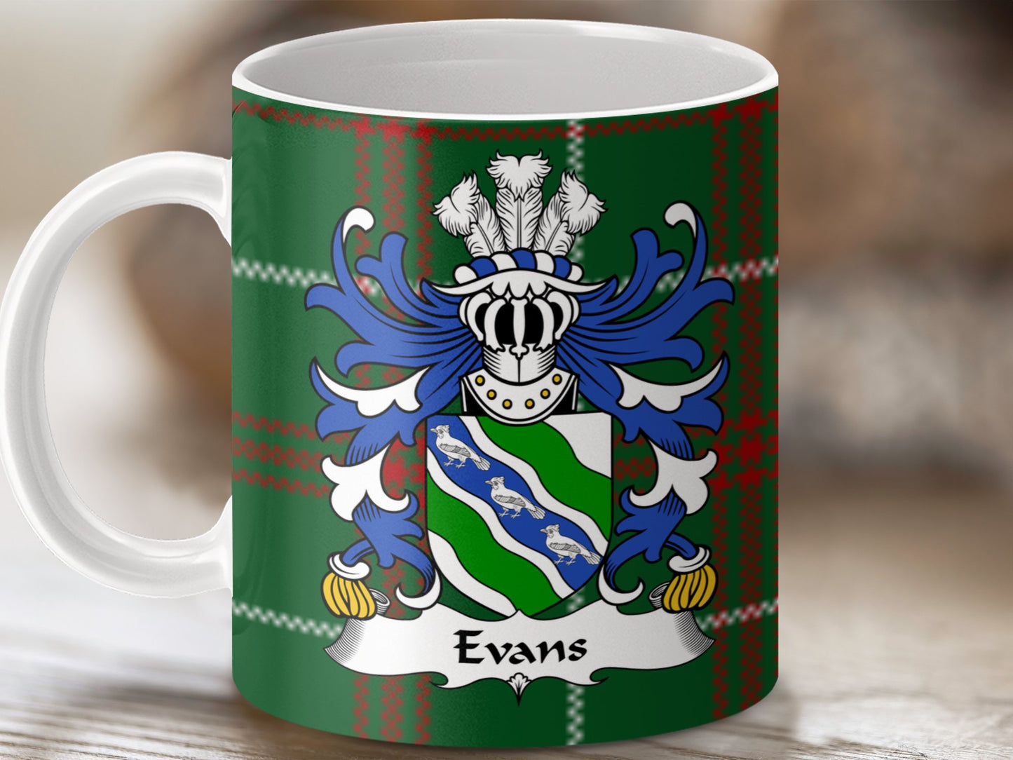 Evans Coat of Arms on Welsh National Tartan Mug - Living Stone Gifts