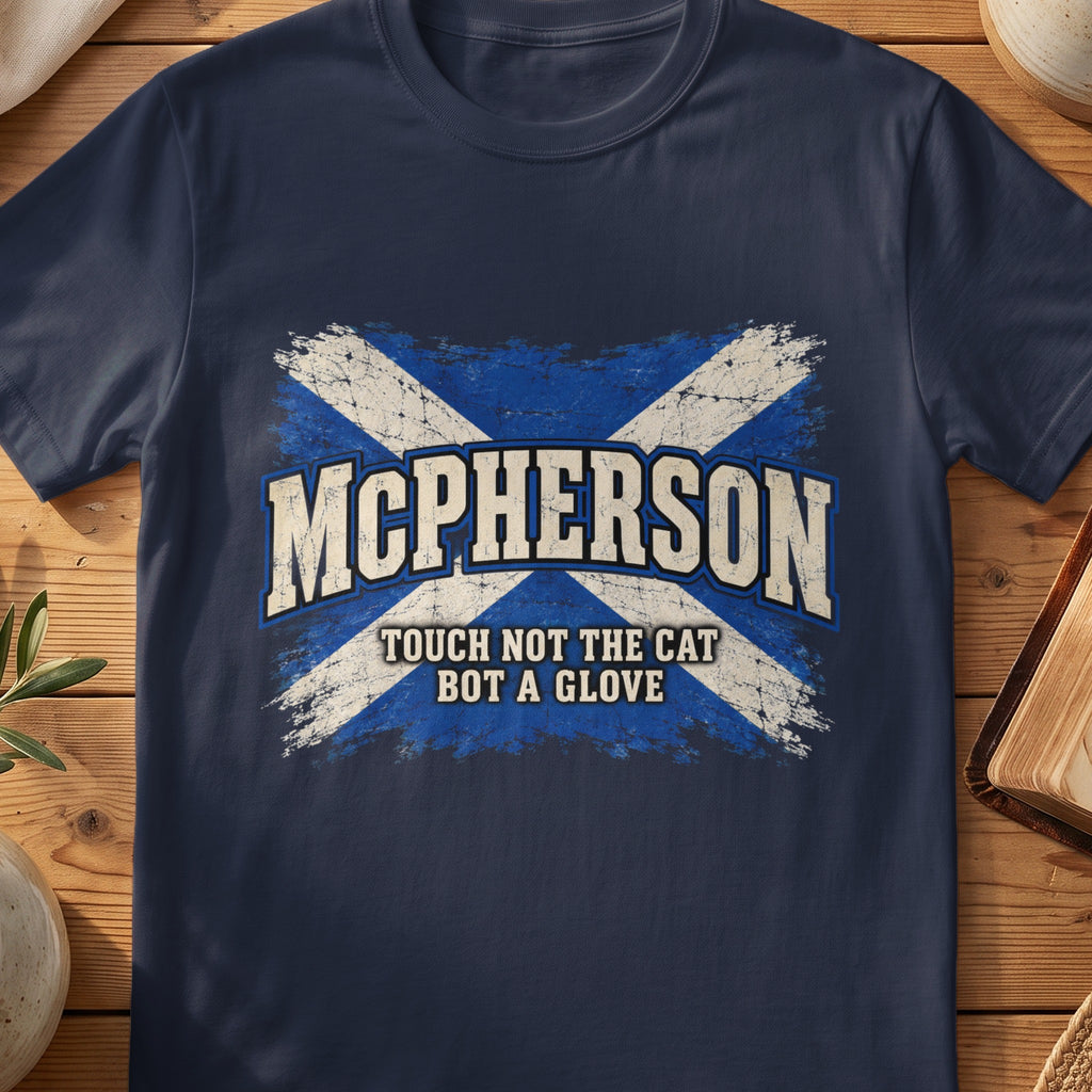 McPherson Scottish Saltire T-shirt in Navy, with distressed blue and cream flag and “Touch Not the Cat Bot a Glove” lettering.