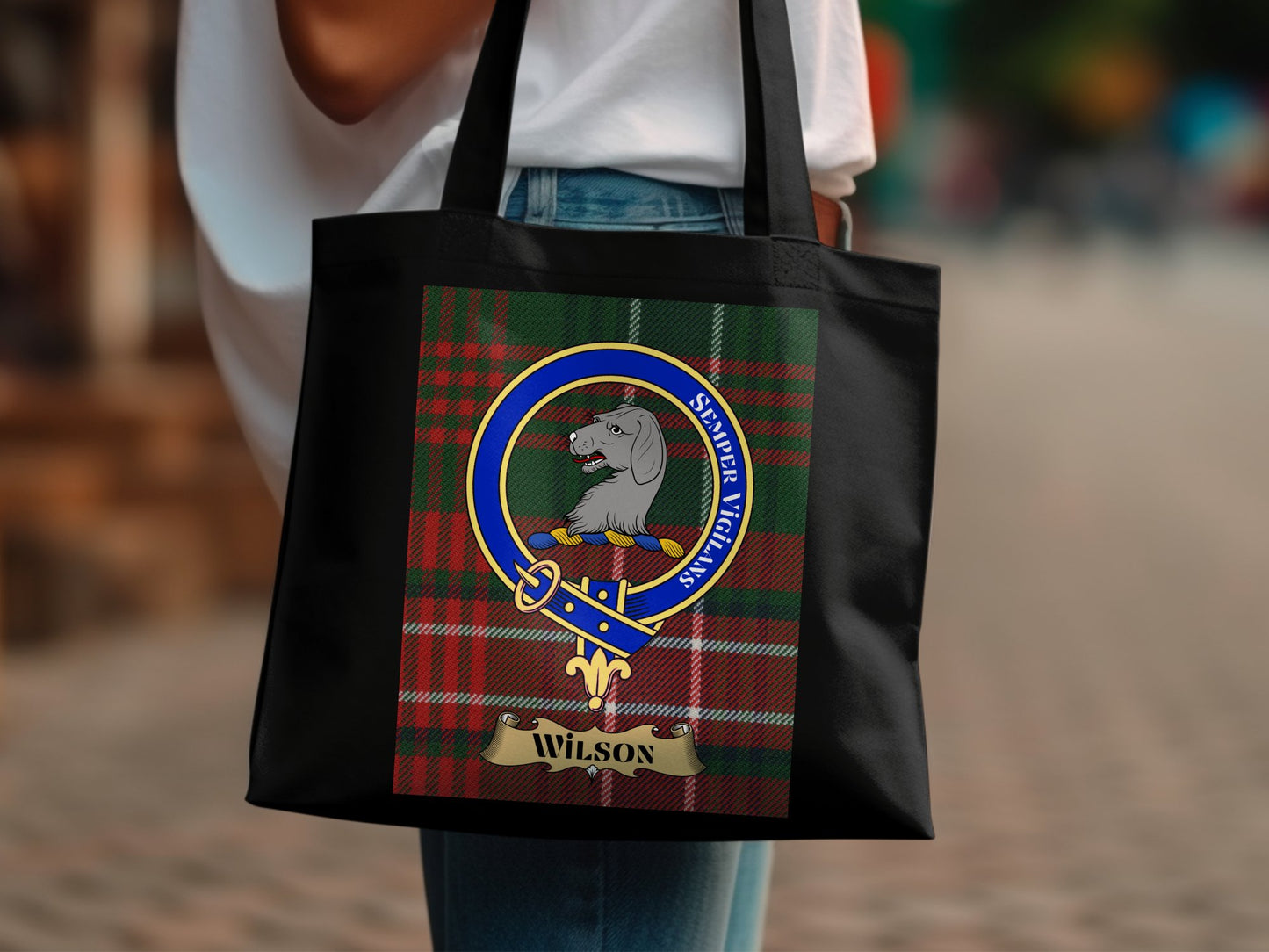 Scottish Clan Crest on Tartan Background Wilson Tote Bag - Living Stone Gifts