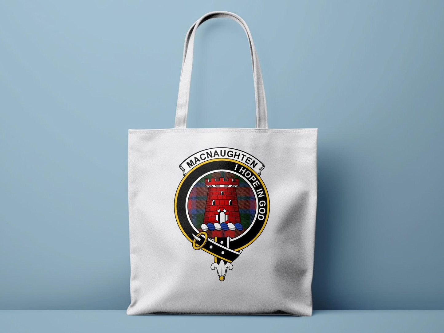 MacNaughten Hope In God Clan Crest Tartan Tote Bags - Celtic Ancestry Gifts