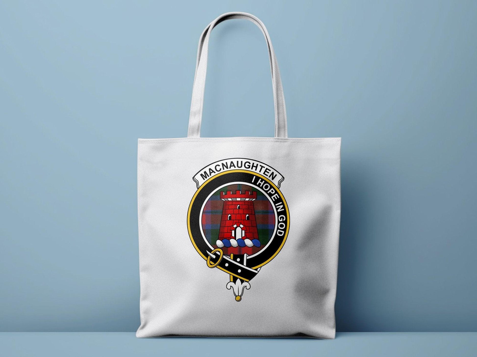 MacNaughten Hope In God Clan Crest Tartan Tote Bags - Celtic Ancestry Gifts