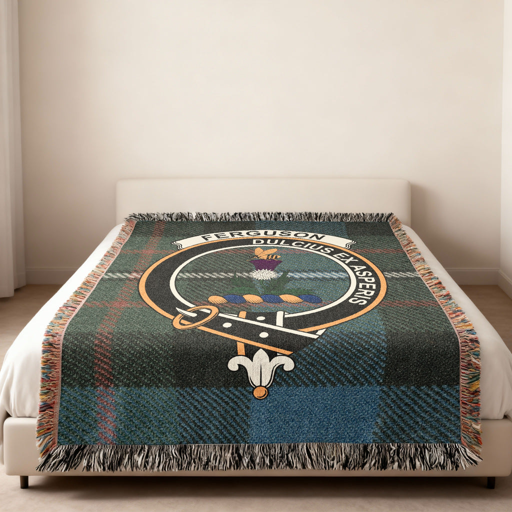 Ferguson clan crest and motto on tartan woven throw blanket