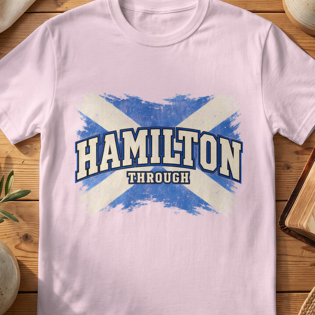 Hamilton Scottish Saltire T-shirt in Light Pink, with distressed blue and cream flag and “Through” lettering.