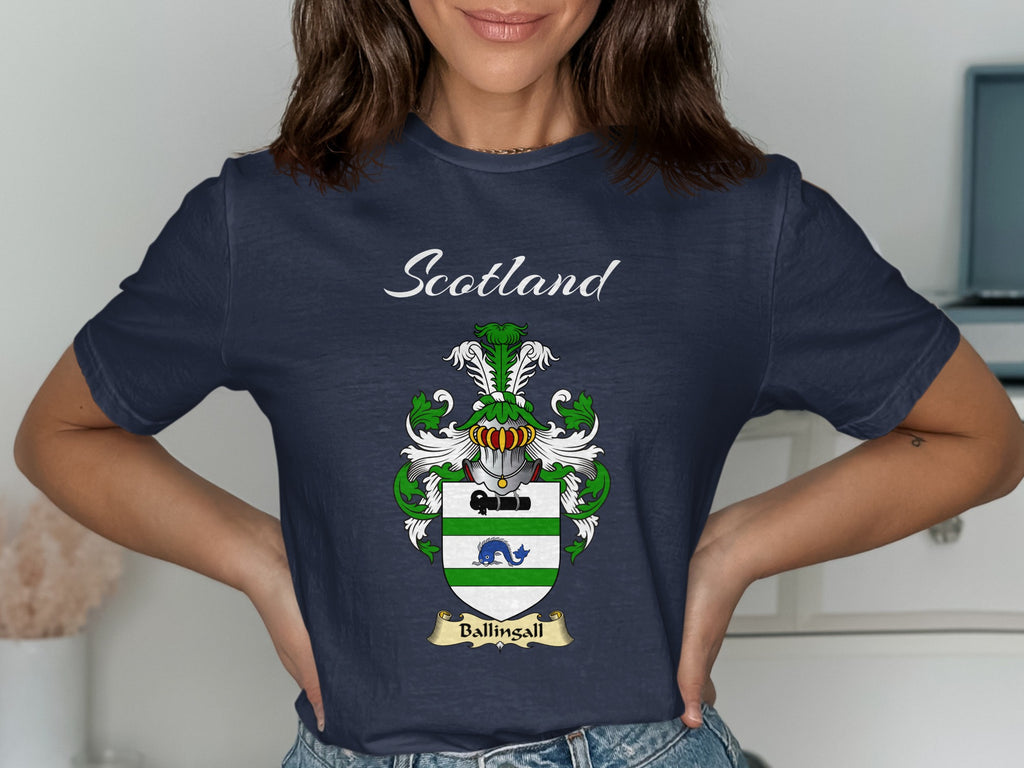 Ballingall Scottish family shield design on Navy T-shirt