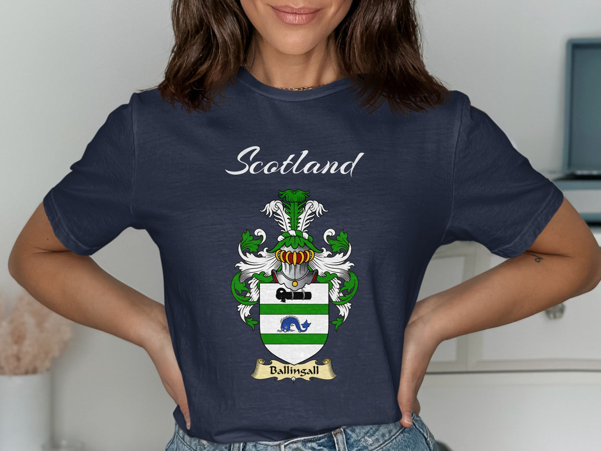 Ballingall Scottish family shield design on Navy T-shirt