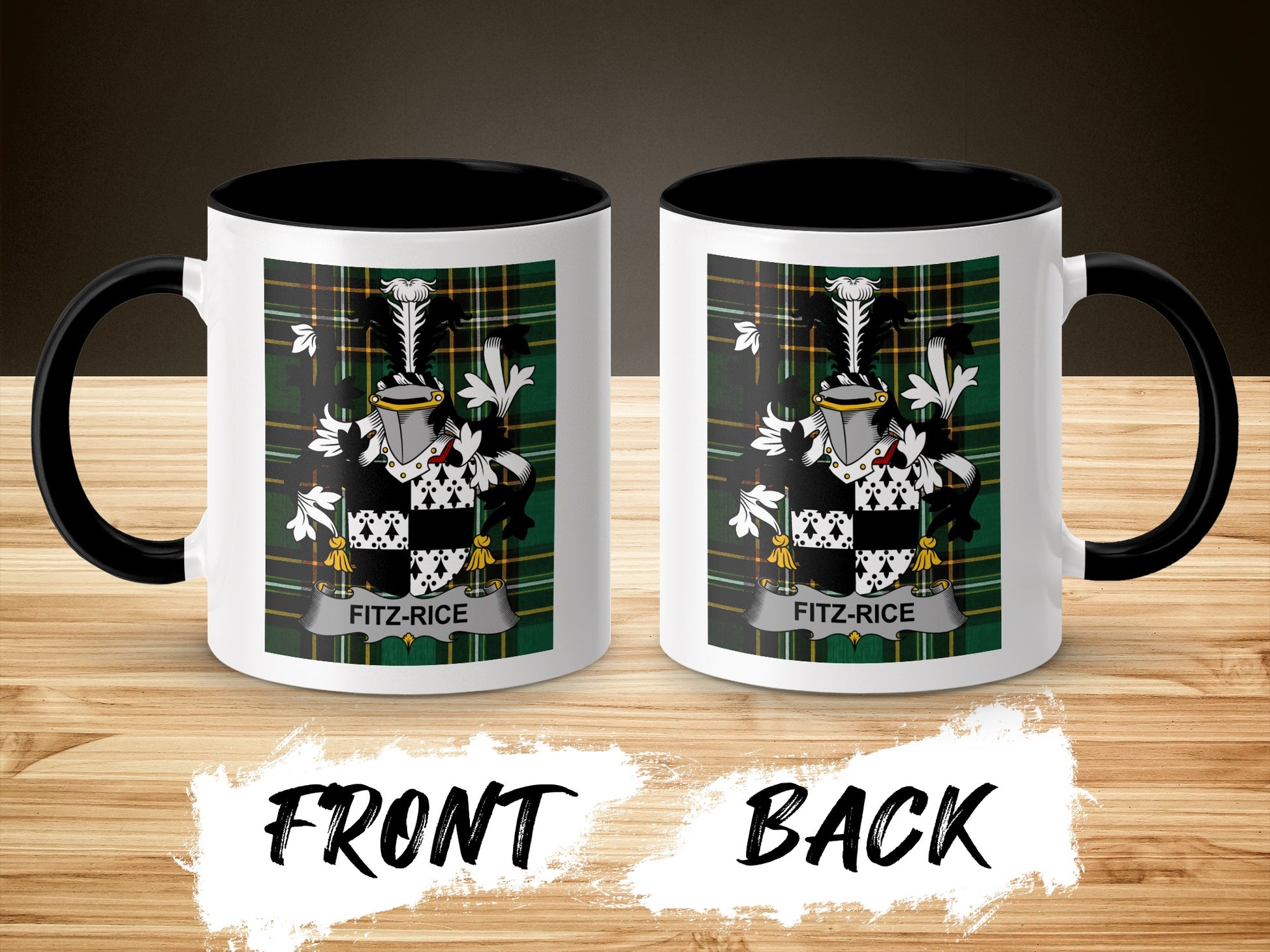 Two mugs with a black handle and rim, displaying a family crest with text "FITZ-RICE".