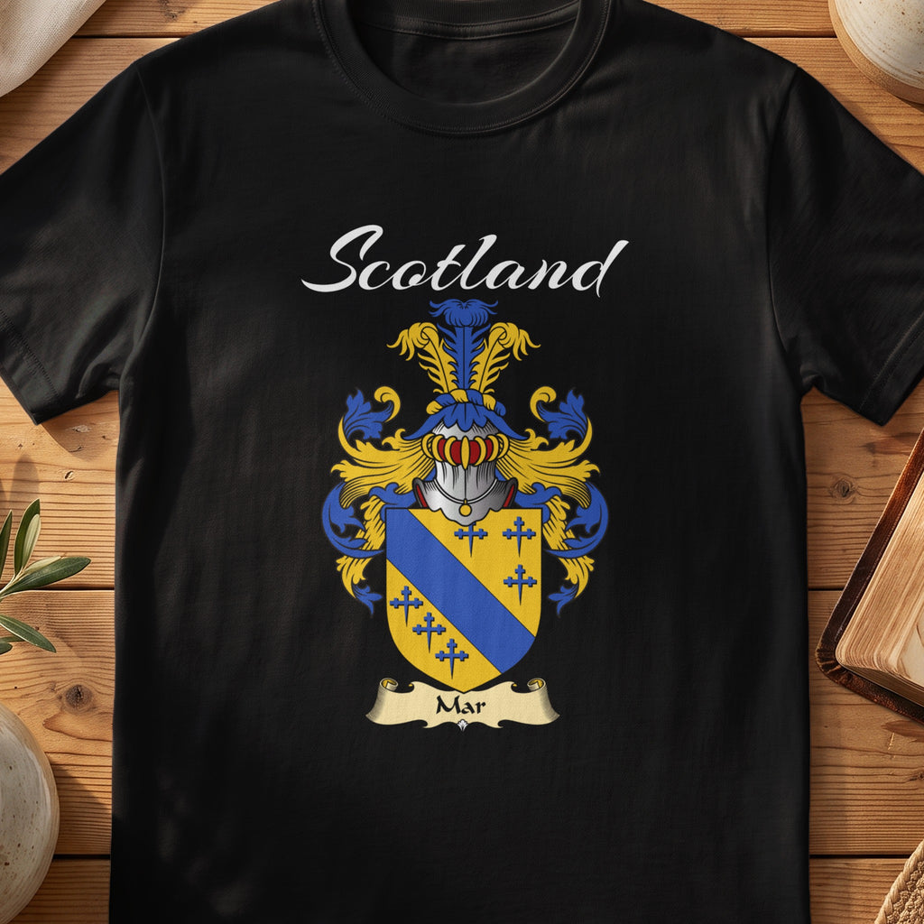 Black Mar Scottish T-shirt featuring a gold shield crossed by a blue diagonal band