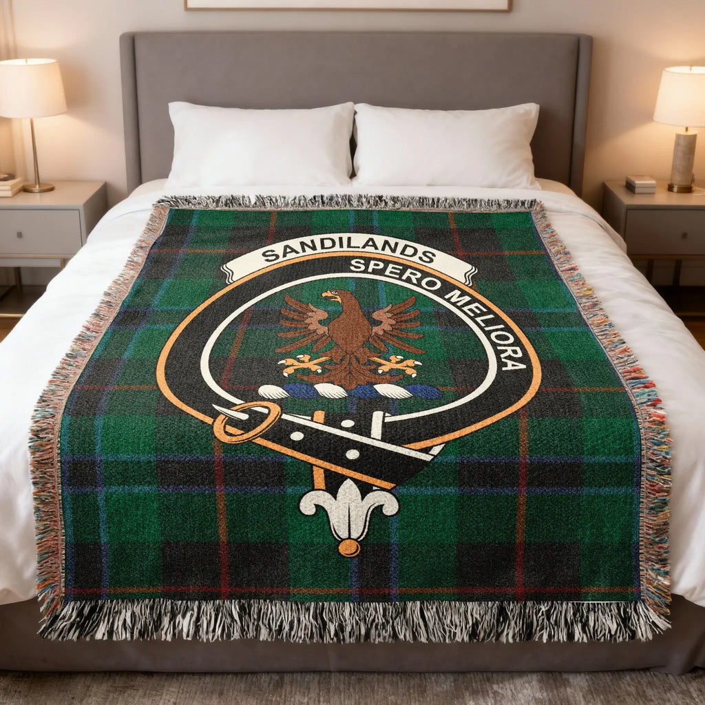 Clan Sandilands Spero Meliora woven tartan blanket — crest in full colour, fringe border, 60" x 50"