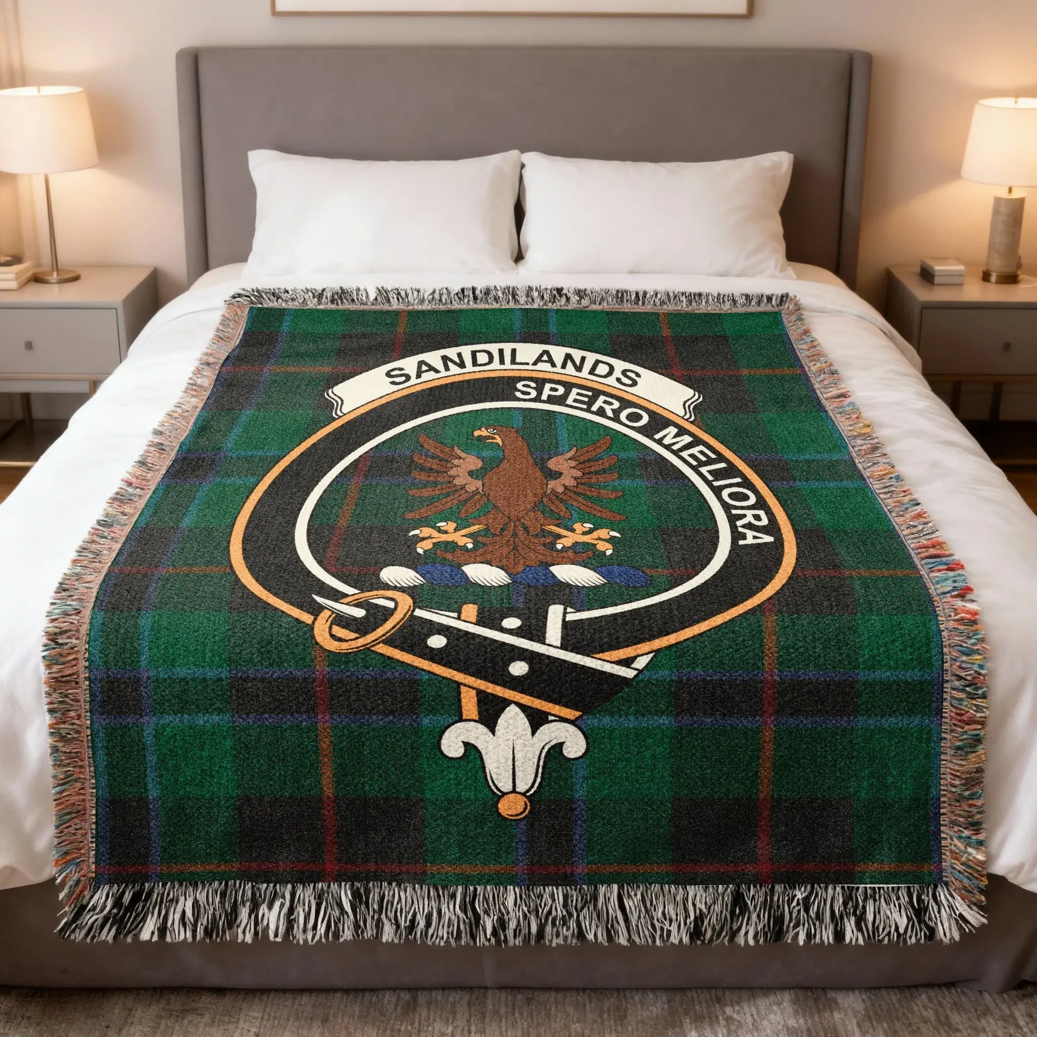 Clan Sandilands Spero Meliora woven tartan blanket — crest in full colour, fringe border, 60" x 50"