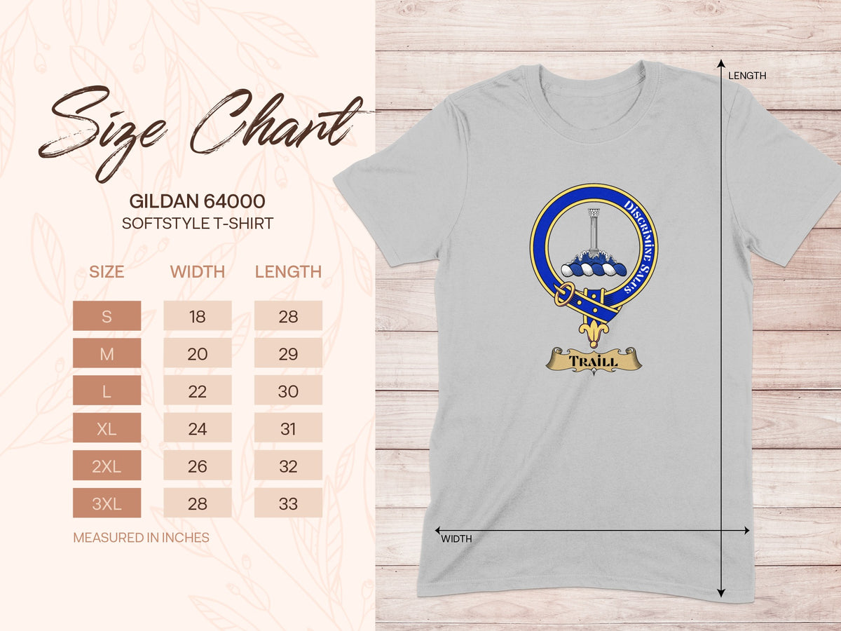 Gildan 64000 size chart for Traill Scottish clan crest T-shirt