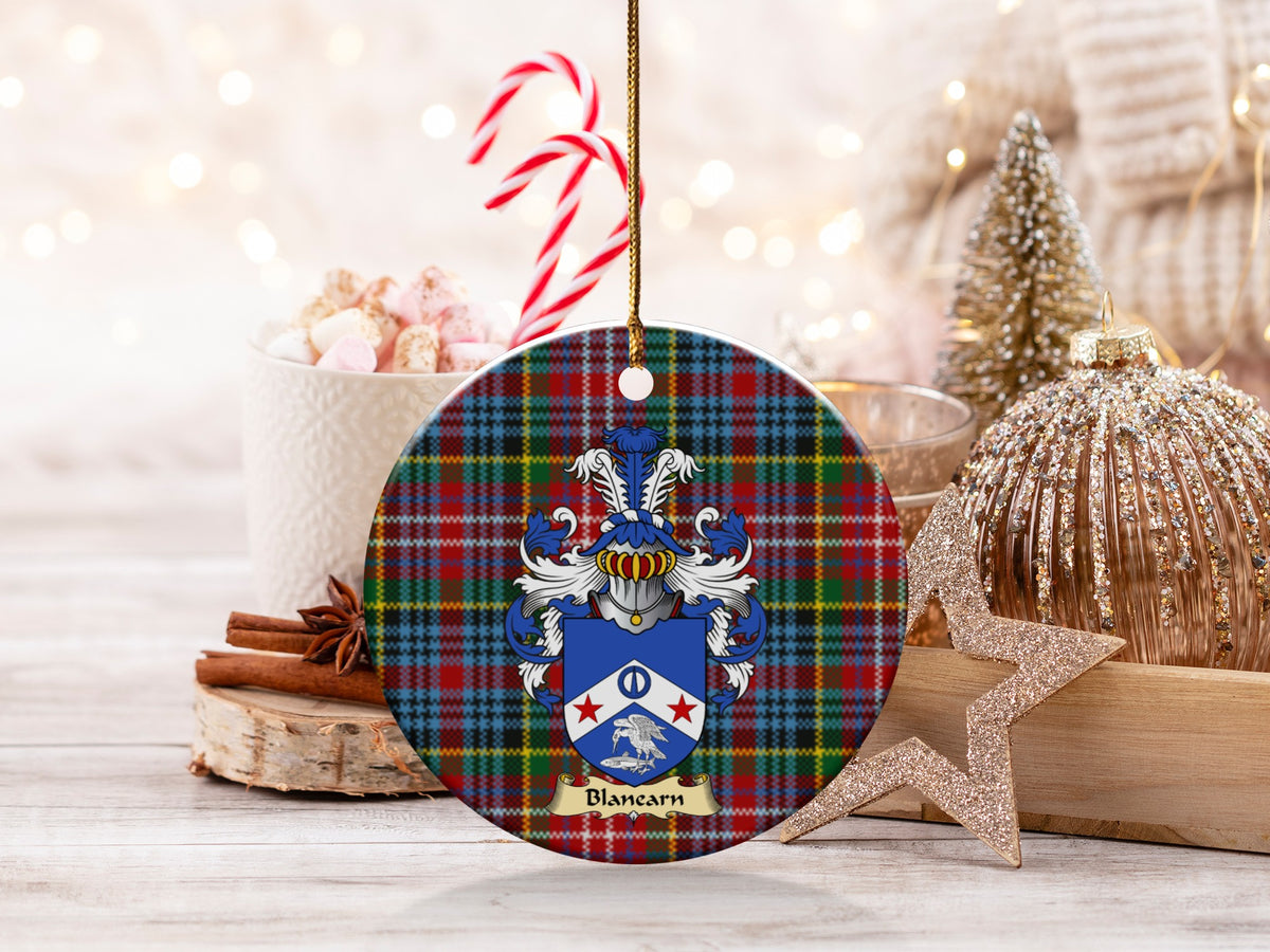 Blanearn family emblem ceramic Christmas ornament with Caledonia tartan background in festive holiday décor