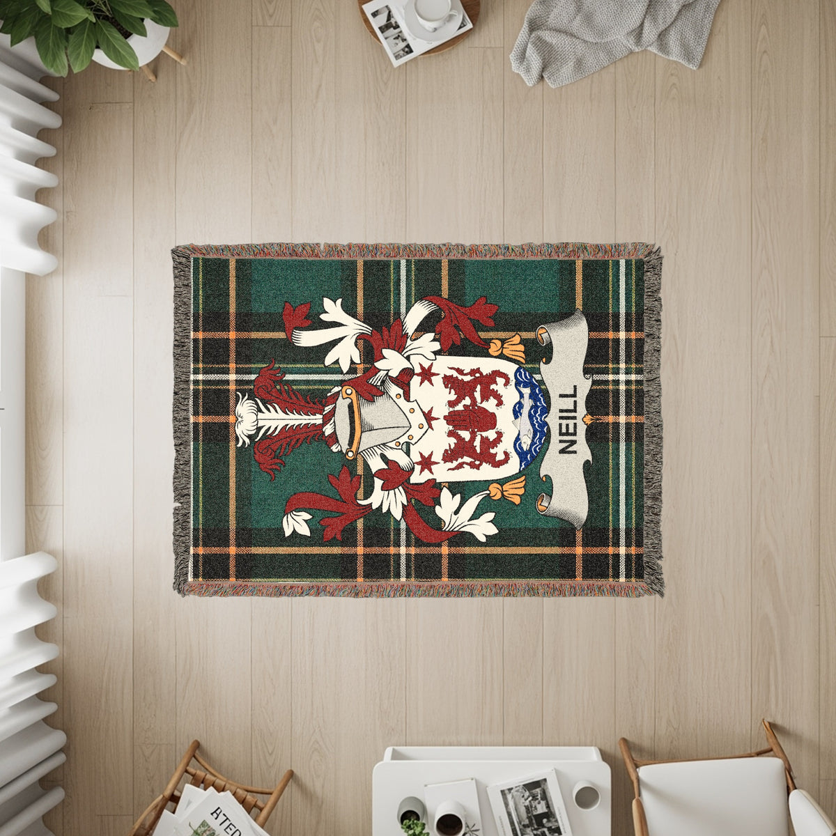 Neill Irish National Tartan woven cotton blanket featuring the family crest
