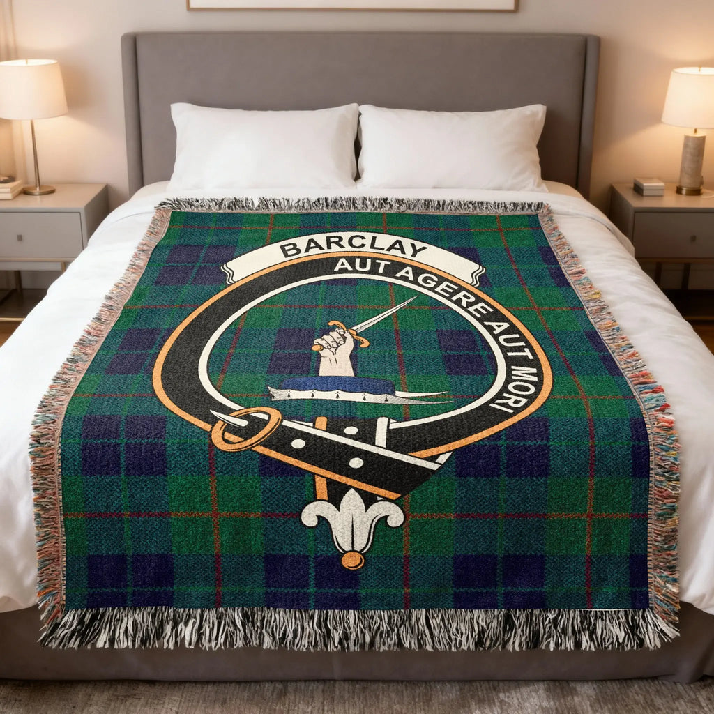 Clan Barclay cotton woven tartan blanket — clan crest and Aut Agere Aut Mori motto, 60x50 heritage throw
