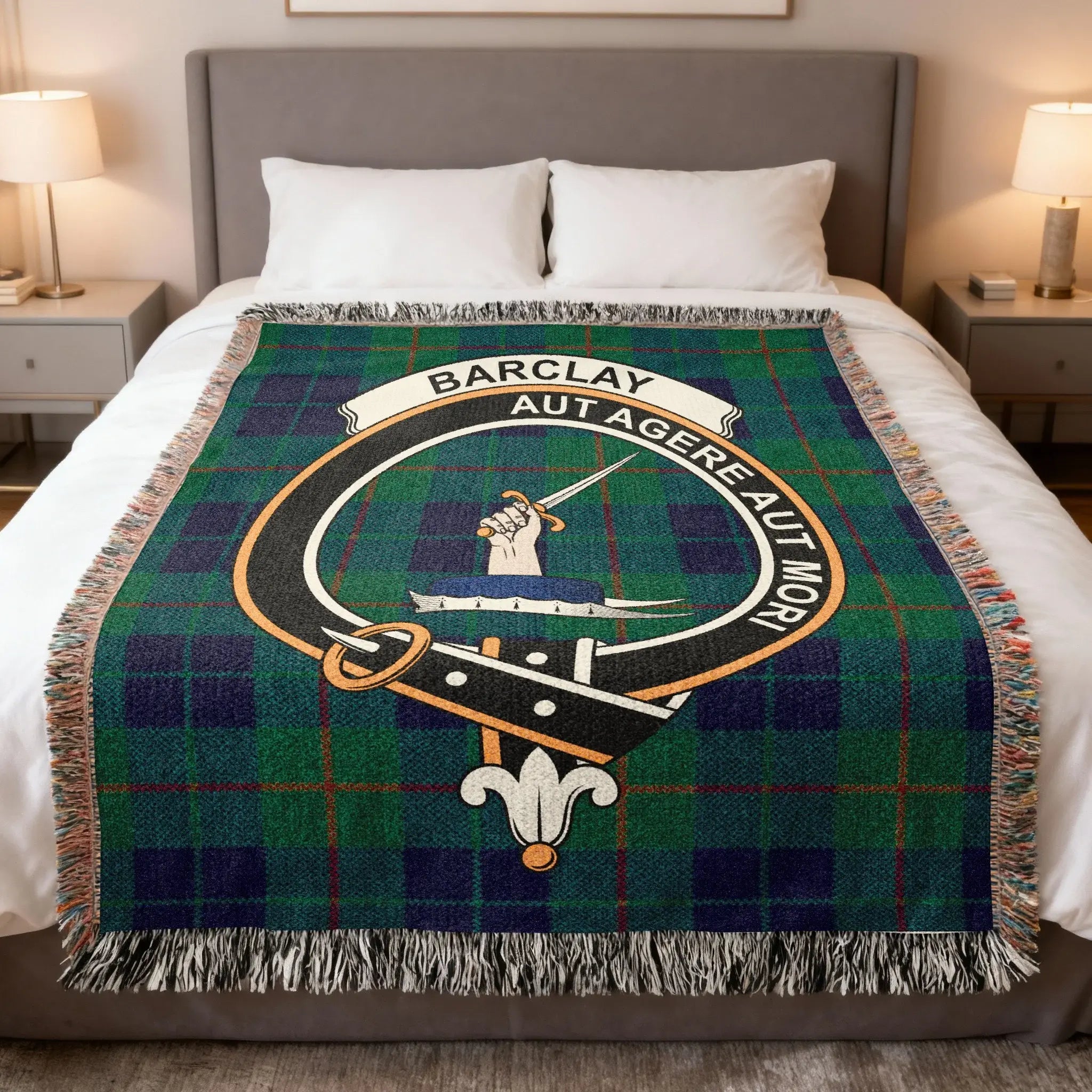 Clan Barclay cotton woven tartan blanket — clan crest and Aut Agere Aut Mori motto, 60x50 heritage throw